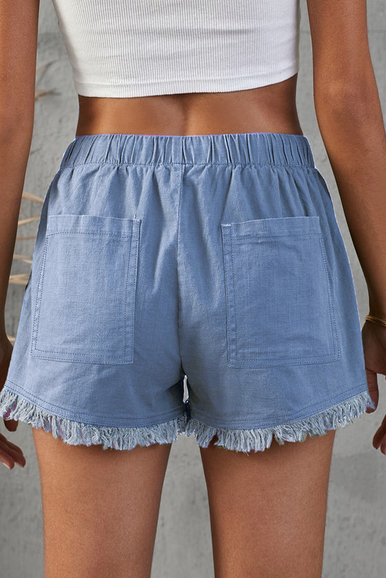 Black Drawstring Pocketed Frayed Hem Denim Shorts | Available in 3 Colors