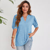 Women's Pleated Puff Sleeve Tops Summer V Neck T Shirts Casual Loose Blouses