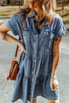 Blue Button Up Short Sleeve Denim Shirt Dress