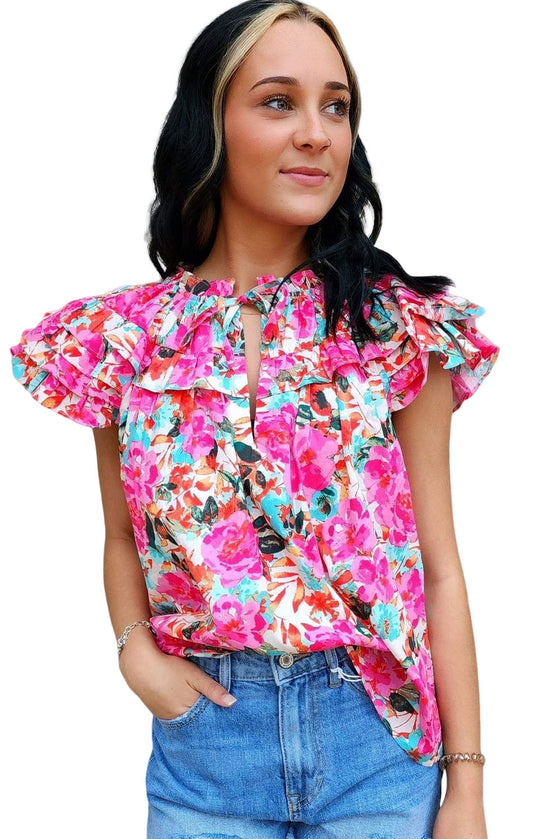 Pink Ruffle Sleeve Floral Print Blouse