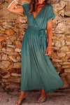 Green Wrap V Neck Belted Pleated Maxi Dress