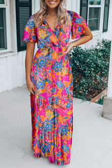  Rose Boho Abstract Print Wrap V Neck Short Sleeve Maxi Dress