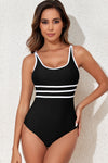 Black Contrast Trim U Neck Adjustable Strap One-Piece Swimwear