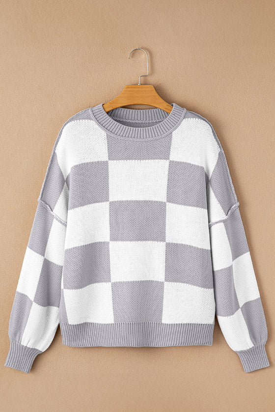 Khaki Plaid Bishop Sleeve Pullover Sweater