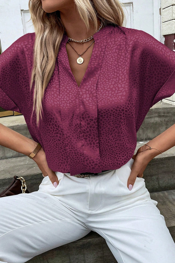 Rose Red Leopard Print Rolled Sleeve V Neck Blouse