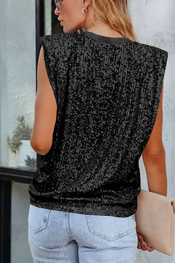 Black Crew Neck Sleeveless Sequin Top