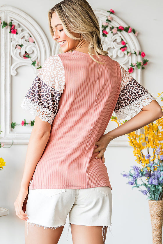 Pink Rib-Knit Leopard Lace Summer Top | Available in Black