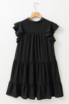 Black Floral Embroidered Frill Neck Ruffle Babydoll Tiered Dress