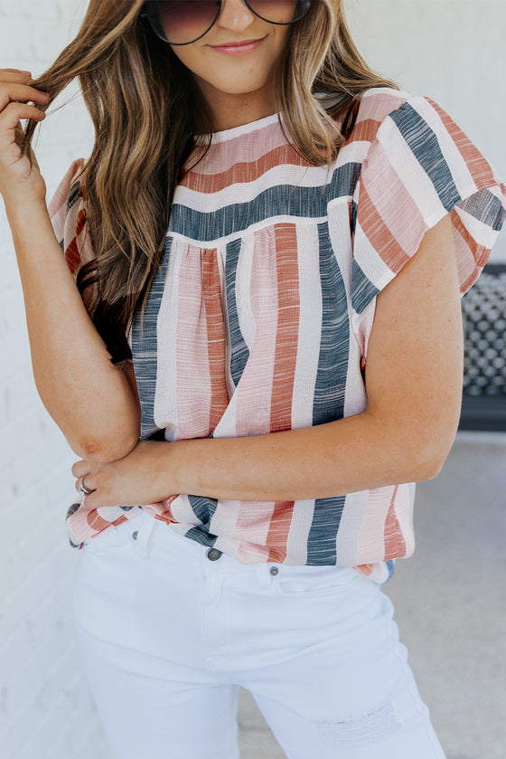 Pink and Blue Stripes V Neck Blouse