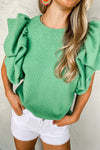 Green Solid Color Ruffle Sleeve Ribbed Blouse