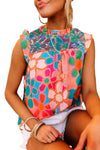 Pink Boho Floral Print Ruffle Mock Neck Sleeveless Shirt