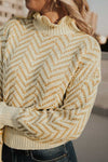 Khaki Chevron Pattern Mock Neck Cropped Sweater