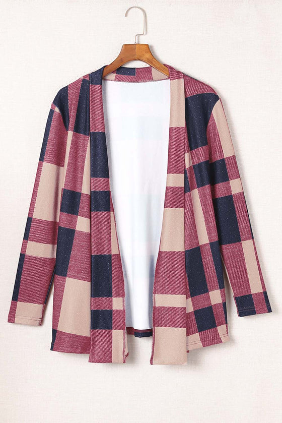 Red Plaid Casual Draped Open Front Cardigan