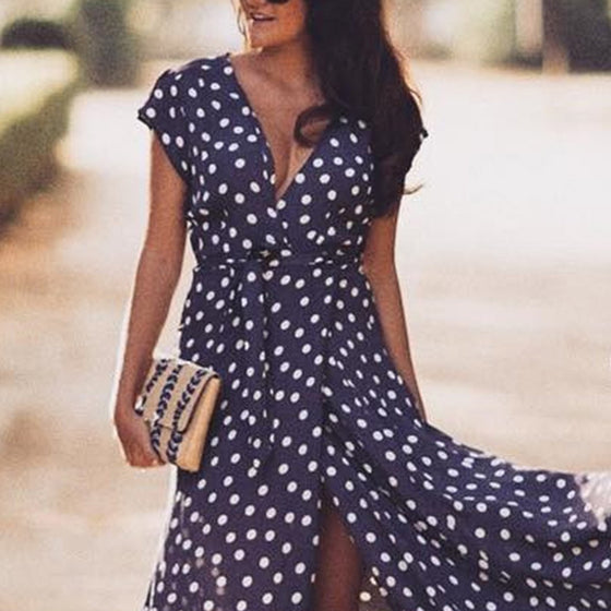 Deep V-Neck Polka-dot Dress