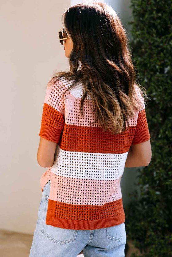 Brown Crochet Knit Colorblock Stripe Short Sleeve Top