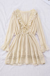 Beige Lacy V Neck Ruffled Mini Dress