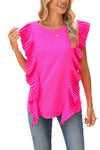 Bright Pink Plain Pleated Ruffle Trim Top