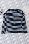 Black and White Striped Snap Button Ruffle Trim Long Sleeve Top