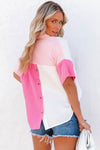 Hot Pink Color Block Short Sleeve Polo Blouse