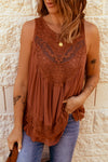 Apricot Casual Contrast Lace Crochet Button Back Sleeveless Shirt