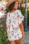 White Floral Ruffled Knot Short Sleeve Blouse