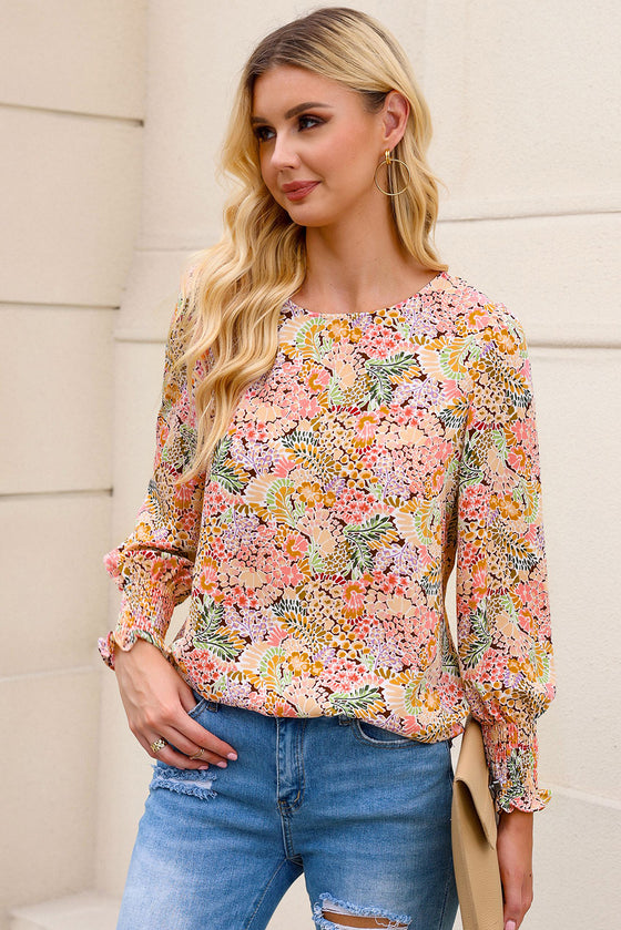 Multicolor Floral Print Smocked Cuffs Long Sleeve Blouse | Available in 2 Patterns