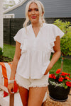 White V Neck Pleated Front Ruffled Sleeve Blouse