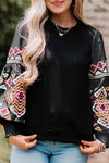 Black Geometric Lantern Sleeve Round Neck Blouse