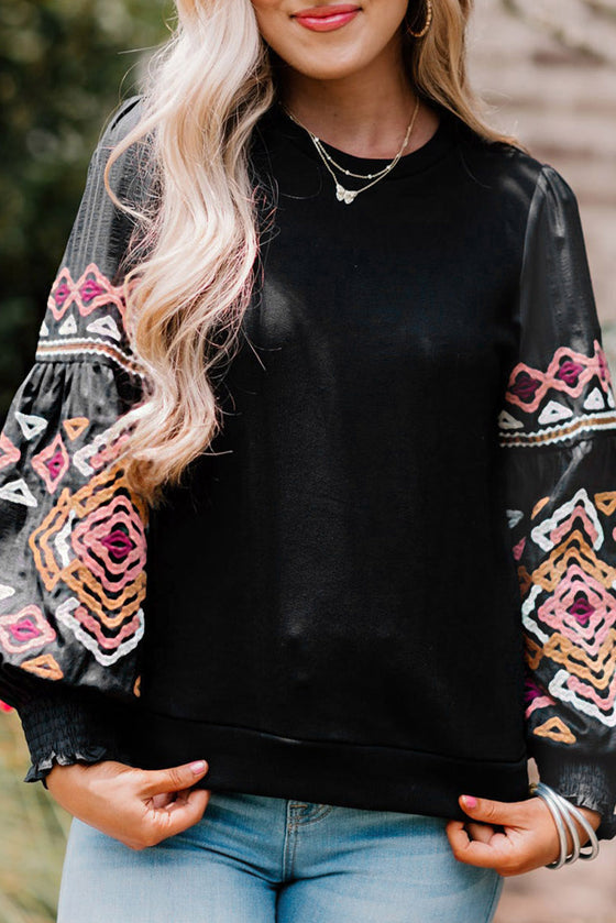 Black Geometric Lantern Sleeve Round Neck Blouse