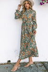 Green Frill Neck Boho Floral Print Pleated Belted Maxi Dress