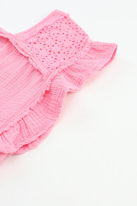 Pink Eyelet Patchwork Ruffle Frayed Crinkle Blouse