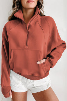  Brown Zip Up Stand Collar Thumbhole Sleeve Sweatshirt