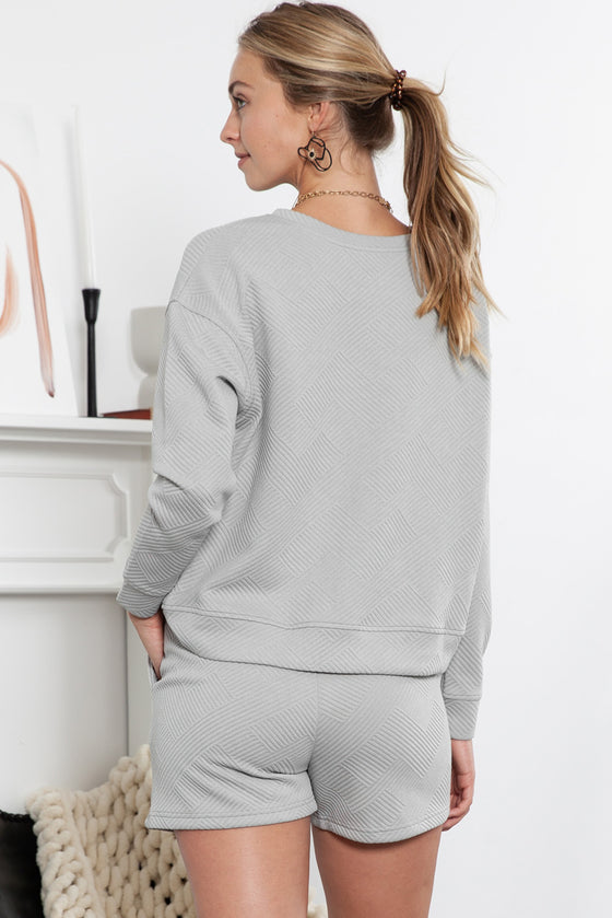 Gray Textured Long Sleeve Top & Drawstring Shorts Set | Available in Other Colors