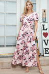 Pink Floral Print Wrap Puff Sleeve Dress