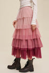 Pink Gradient Mesh Ruffle Tiered Tulle Maxi Skirt