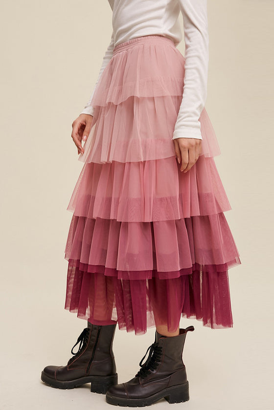 Pink Gradient Mesh Ruffle Tiered Tulle Maxi Skirt