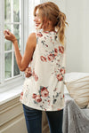 Floral Print Round Neck Casual White Tank Top