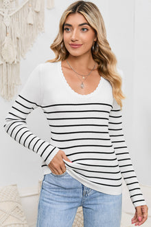  White Scalloped Trim V Neck Striped Print Sweater