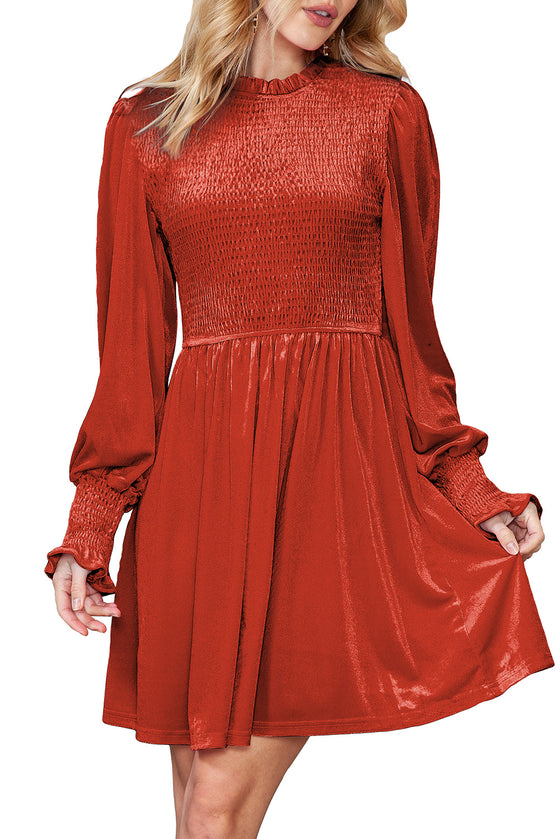 Rose Red Smocked Lantern Sleeve Frilled Velvet Dress | Available in Other Colors