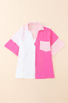 Hot Pink Color Block Short Sleeve Polo Blouse