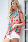 Pink Boho Floral Print Ruffle Mock Neck Sleeveless Shirt