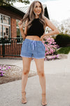 Black Drawstring Pocketed Frayed Hem Denim Shorts | Available in 3 Colors