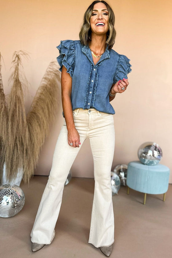 Ruffled Flutter Frayed Denim Top | Available in 2 Colors