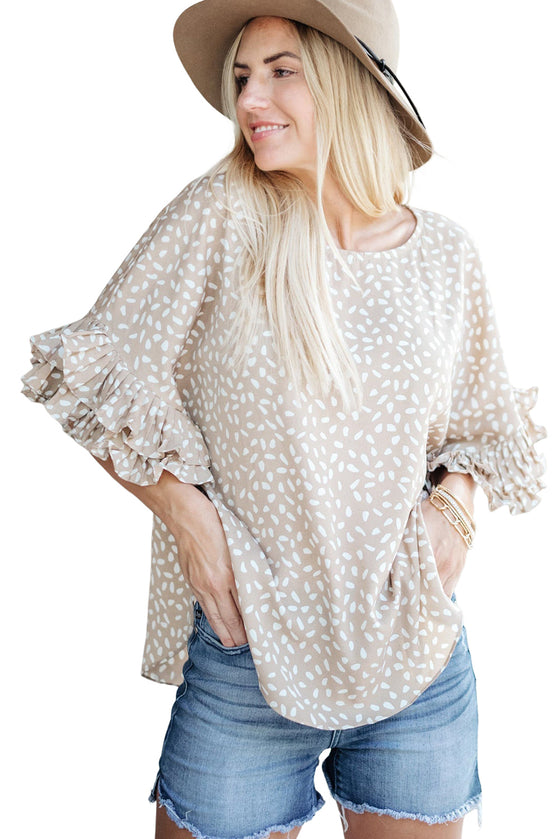 Khaki Spotted Print Loose Fit Ruffle Sleeve Blouse