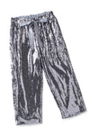 Silver High Waisted Drawstring Cropped Sequin Pants