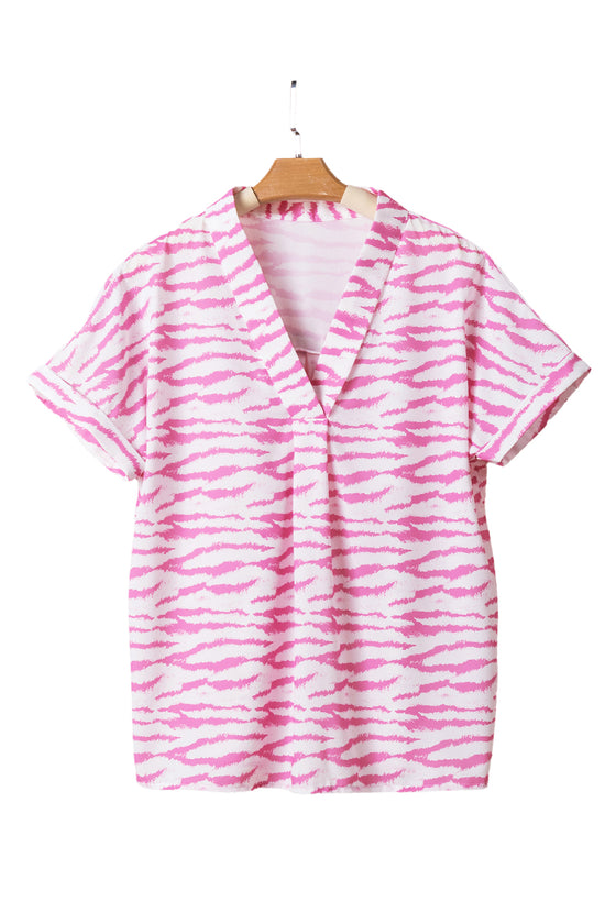 Pink Zebra Print V-Neck Roll Up Sleeve Blouse | Available in Black