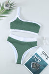 Green Ribbed One Shoulder High Waisted Bikini Swimsuit