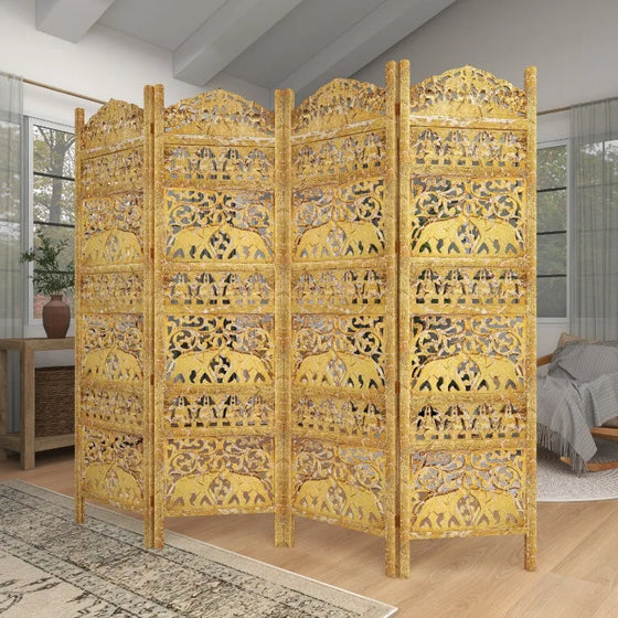 Handmade 4 Panel Room Divider in Gold Finish