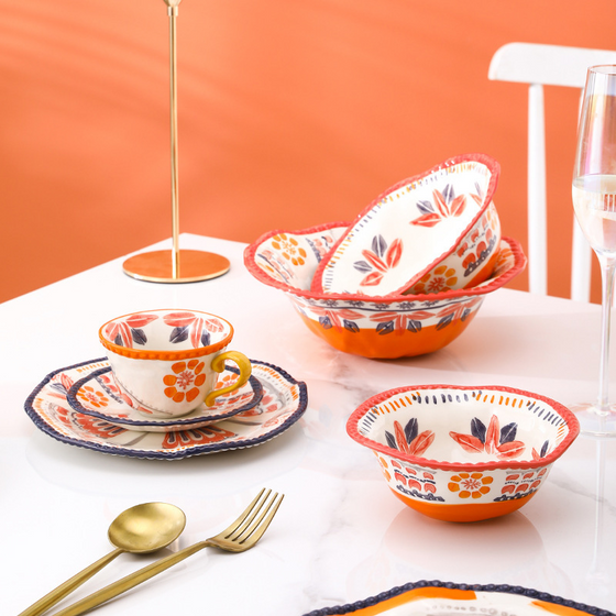 Hand Painted Retro Orange and Indigo Dishes and Cups