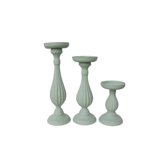 Set of 3 Pillar Candlestick Holders in Sage Green